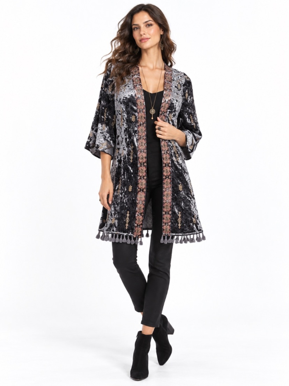 Easel Gray Crushed Velvet Bell Sleeve Duster Embroidered Trim Tassel Hem Size S